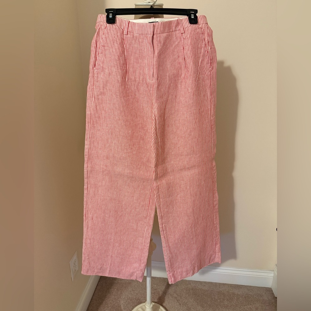 Pinkish/ red Striped Women's linen full length pants